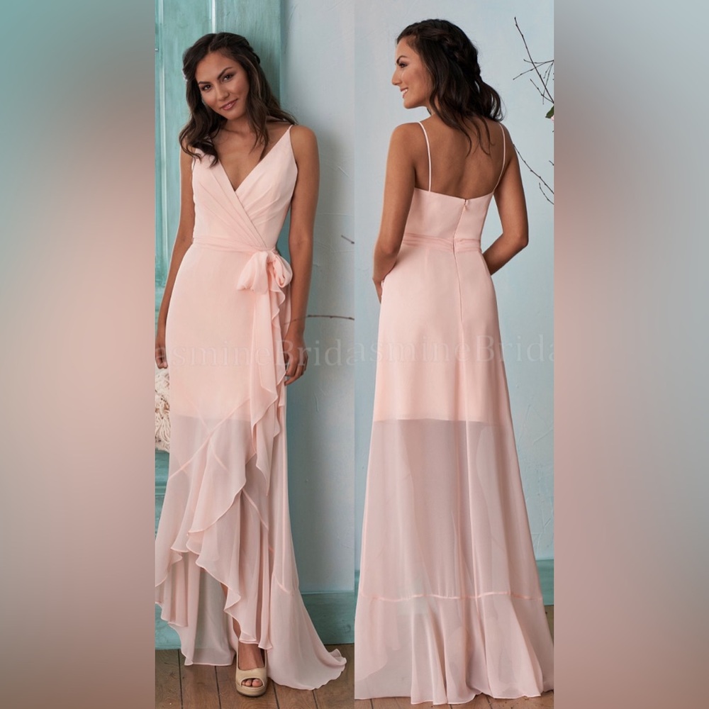 B203001 V-neckline and Spaghetti Strap High-Low Poly Chiffon Bridesmaid Dress